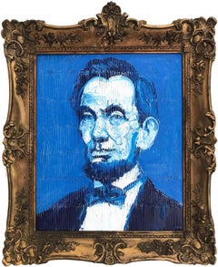 "Abraham Lincoln" (Neo-Expressionist Oil Painting in Blue Background on Wood)