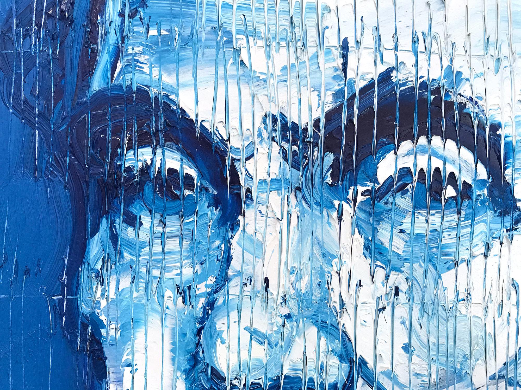 A wonderful composition of one of Slonem's most iconic subjects of Abraham Lincoln. The thick use of paint is greatly recognizable as he slathers on layer after layer of oil paint, done in blue and white. This painting is housed in a wonderful