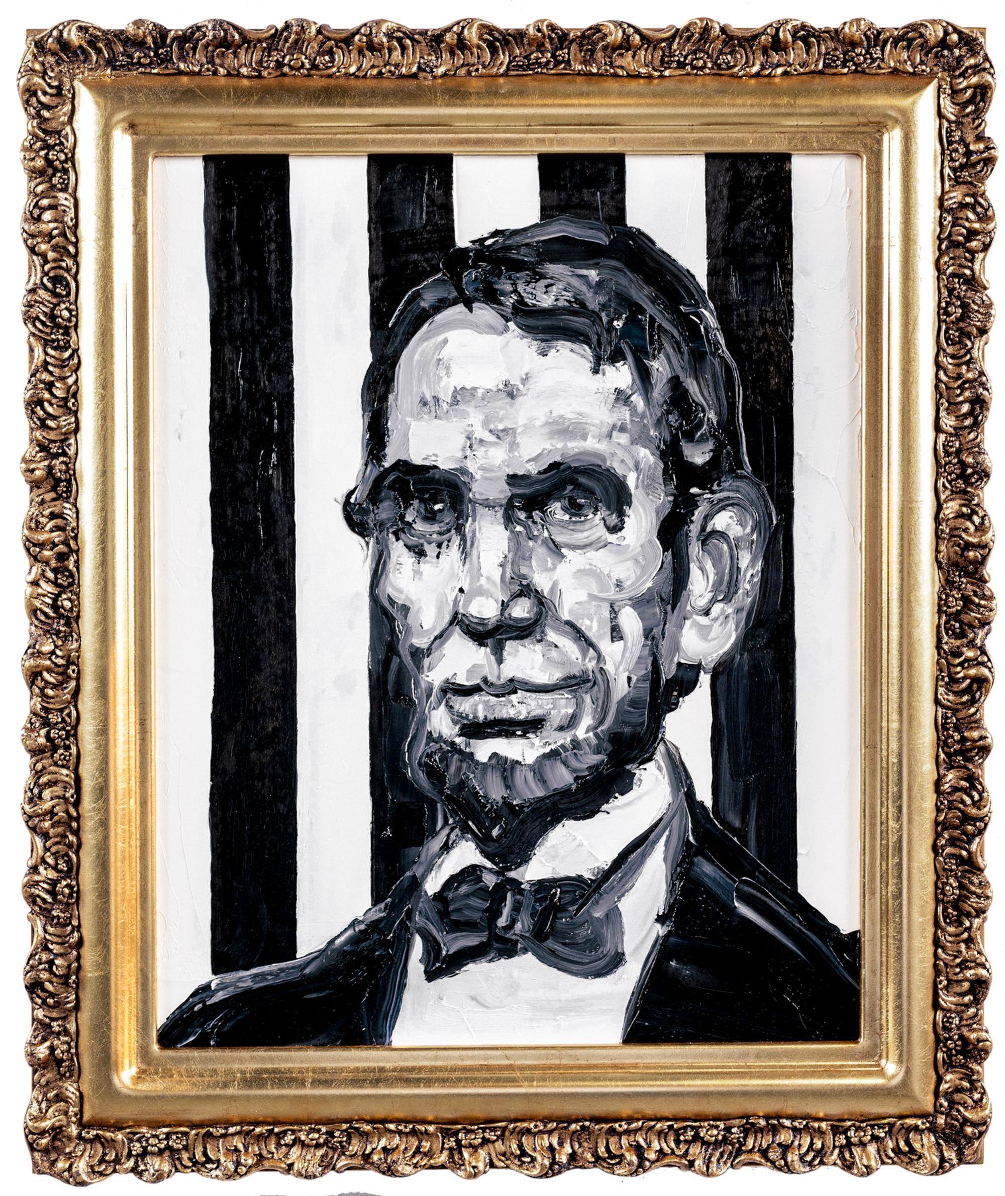 "Abraham Lincoln Stripes" è un dipinto a olio su legno incorniciato di Hunt Slonem, che raffigura il presidente Abraham Lincoln in bianco e nero. Questo artista ha un altro ritratto dell'iconico presidente appeso nella Lincoln Room del Campidoglio