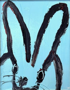 "Air Kiss" Black Bunny on Periwinkle Sky Blue Background Oil Painting on Wood