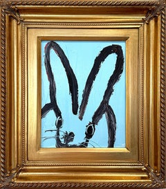 "Air Kiss" Black Bunny on Periwinkle Sky Blue Background Oil Painting on Wood