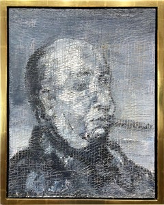 "Alfred Hitchcock" Neo-Expressionist Portrait Oil Painting in Black and White 