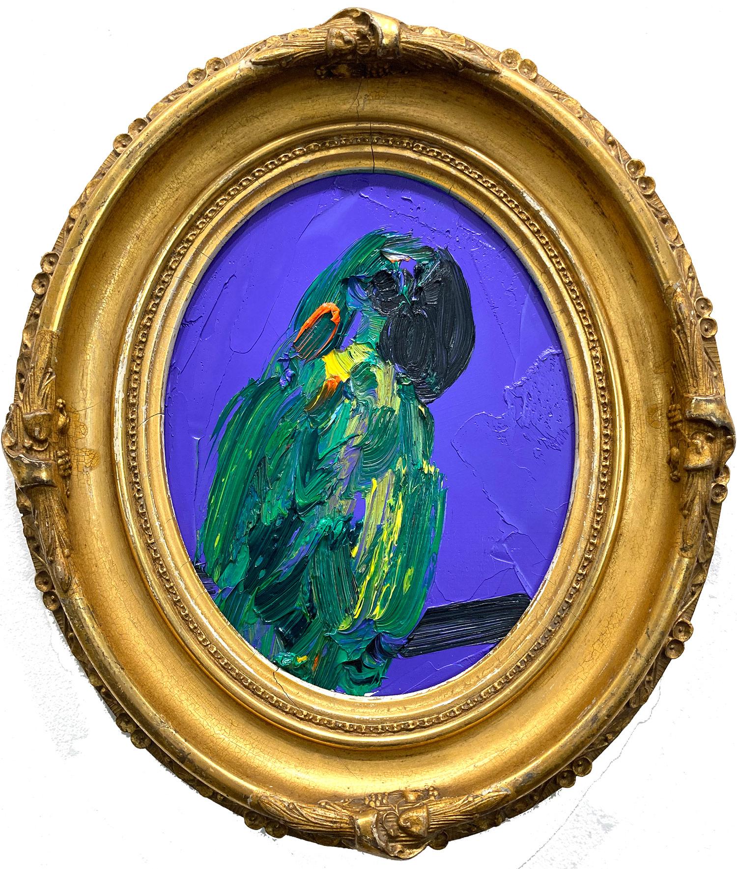 Hunt Slonem Animal Painting - "Amazon" Green Parrot on Blue Purple Background on Wood Panel Oil Painting 