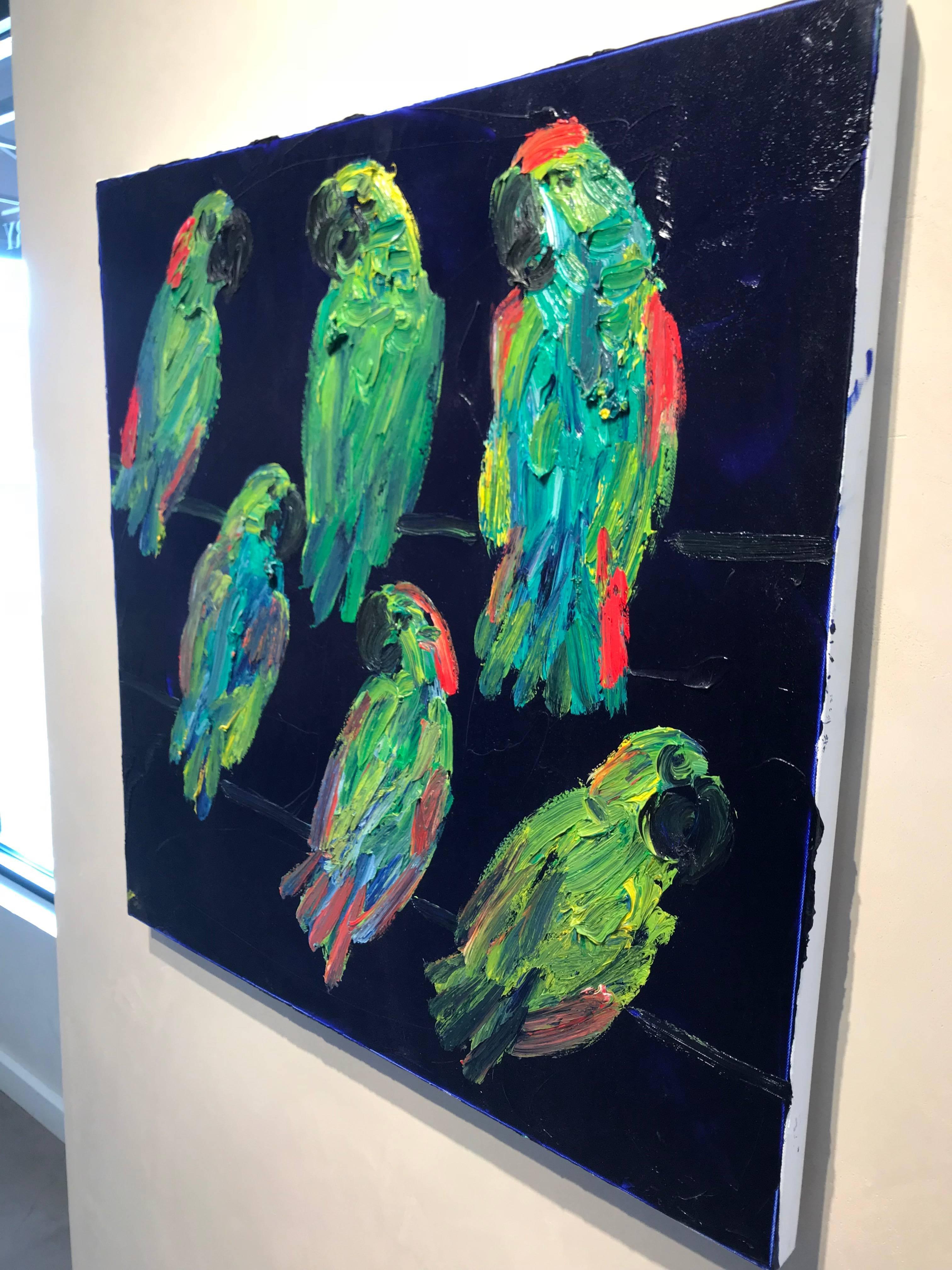 As a bird connoisseur, Hunt Slonem is able to mimic the animals' movements and textures in his Neo-Expressionist paintings of birds. This painting is of six green and yellow amazon parrots on a dark blue background.
Known for his repetitious Bunny