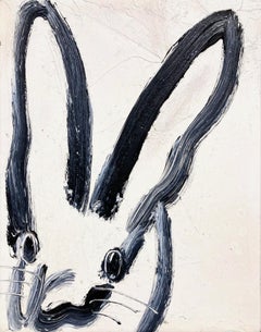 "Andrew" (Black Bunny on White Background) Oil Painting on Wood Panel