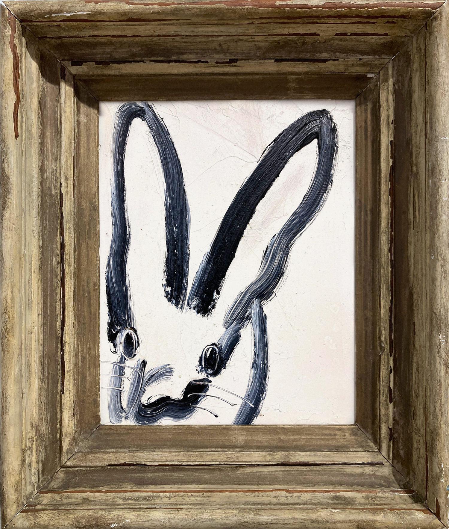 Hunt Slonem Animal Painting - "Andrew" (Black Bunny on White Background) Oil Painting on Wood Panel