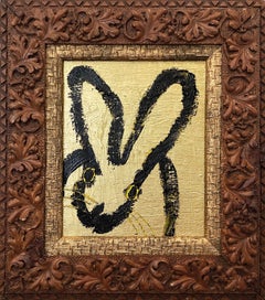 "Andrew" Conejito de contorno negro sobre fondo dorado Pintura al óleo Panel de madera Enmarcado