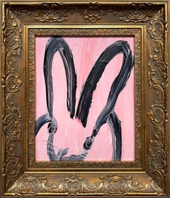 "Annette" lapine noire sur fond rose clair Peinture à l'huile sur panneau de bois