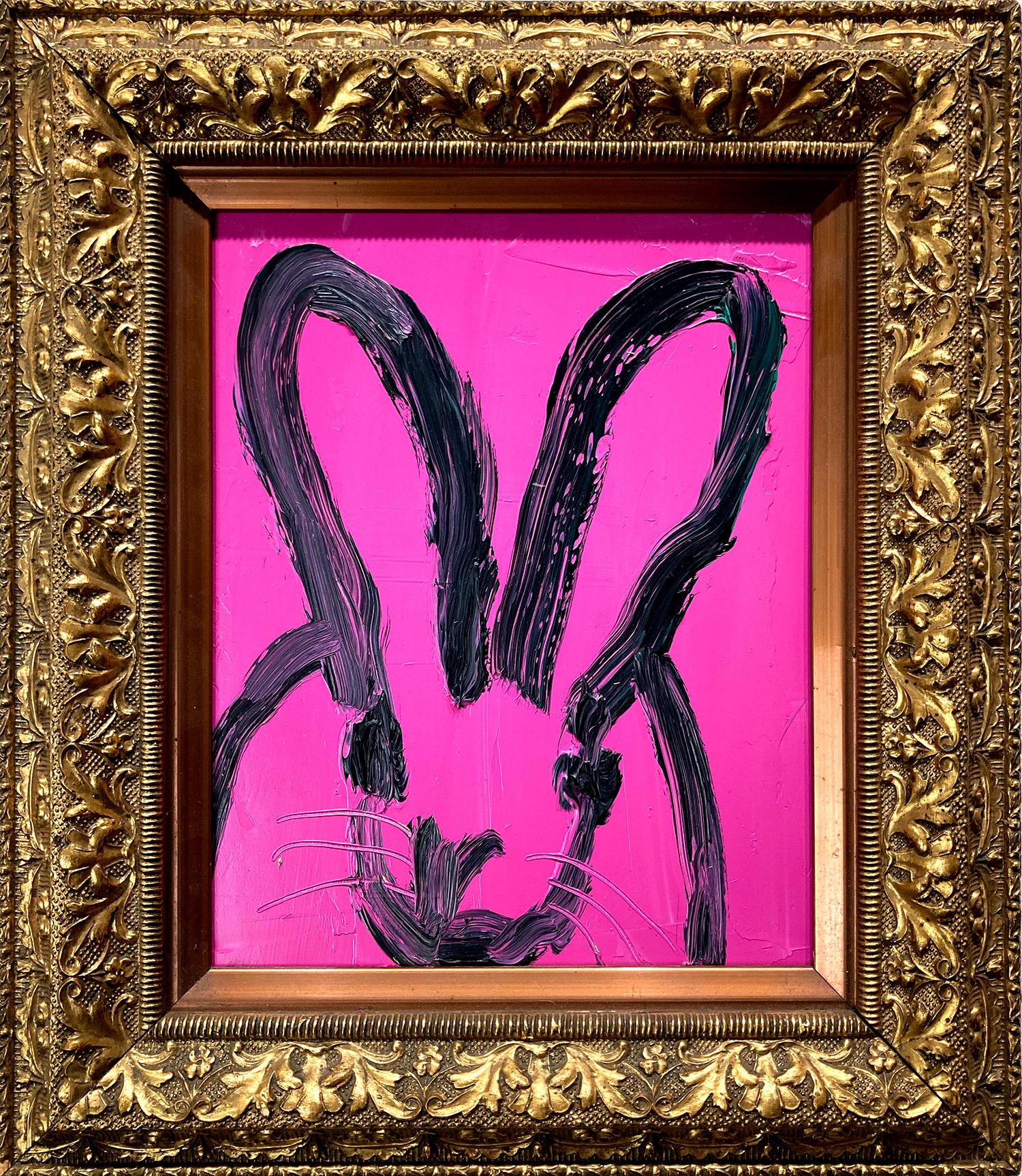 Hunt Slonem Animal Painting - "Anushka" Black Bunny on Hot Pink Background Oil Painting on Wood Panel