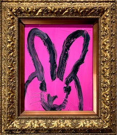 "Anushka" Black Bunny on Hot Pink Background Oil Painting on Wood Panel