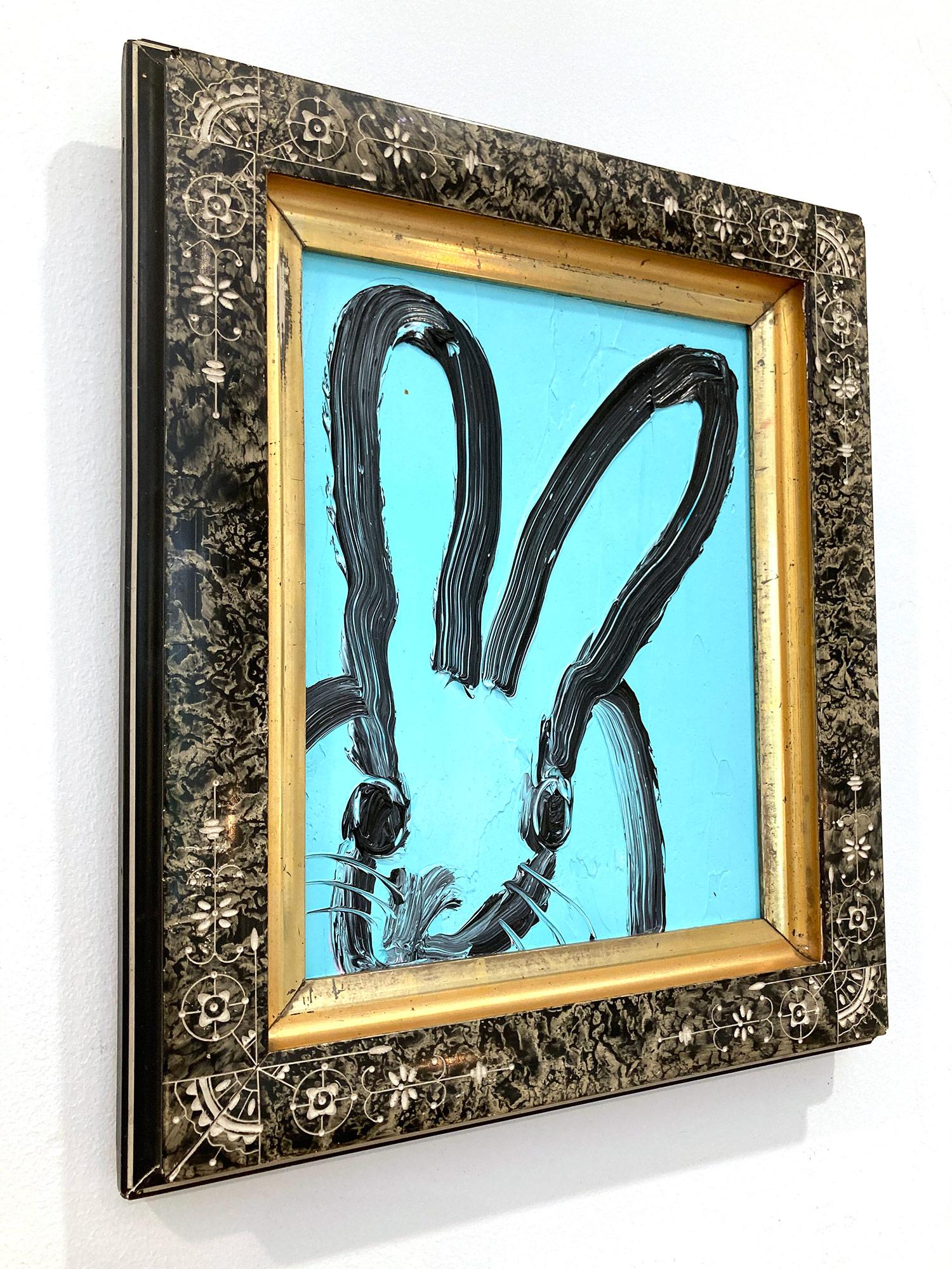 „Blue For You“ Schwarzes Ölgemälde mit schwarzem Umriss und Bunny auf Türkis, Ölgemälde in viktorianischem Rahmen im Angebot 8