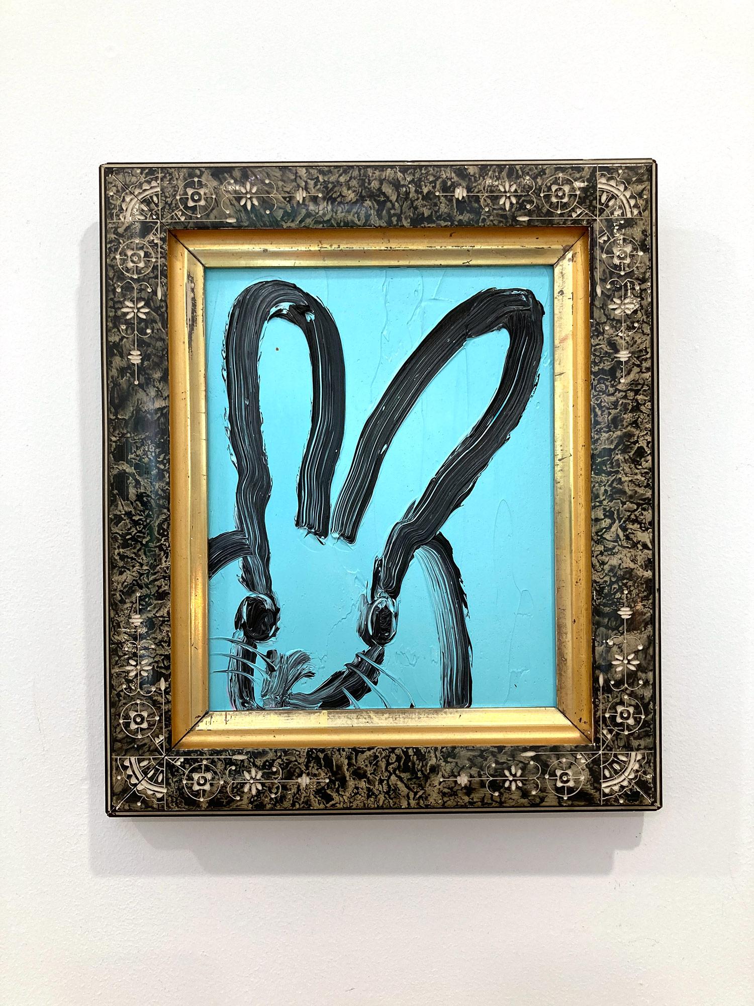 „Blue For You“ Schwarzes Ölgemälde mit schwarzem Umriss und Bunny auf Türkis, Ölgemälde in viktorianischem Rahmen im Angebot 9