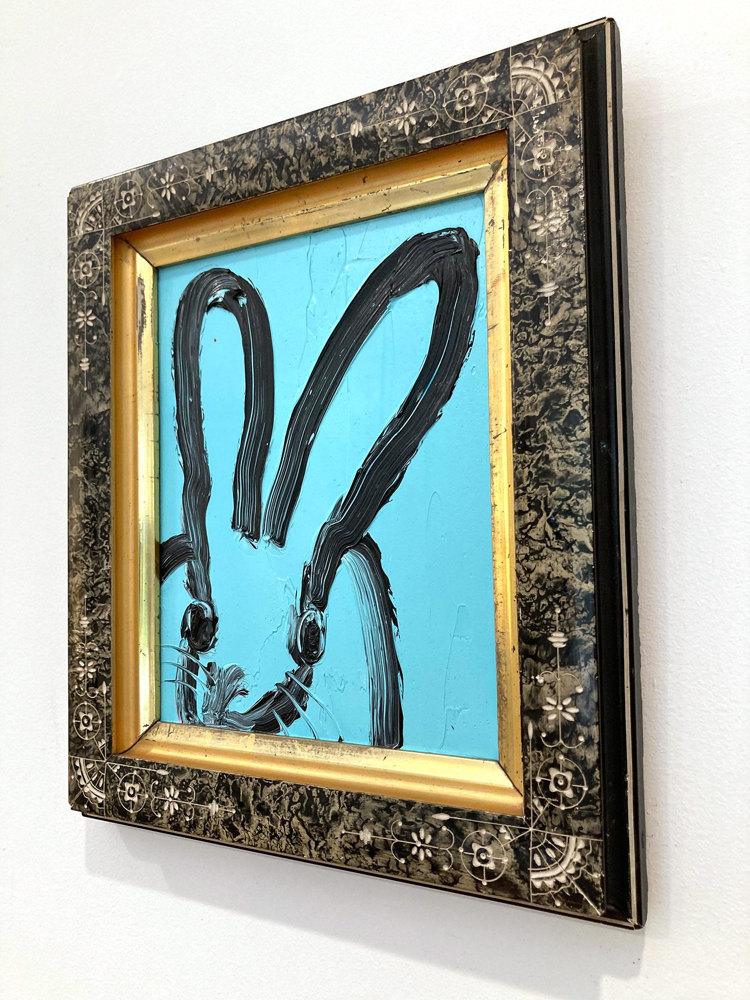 „Blue For You“ Schwarzes Ölgemälde mit schwarzem Umriss und Bunny auf Türkis, Ölgemälde in viktorianischem Rahmen im Angebot 10