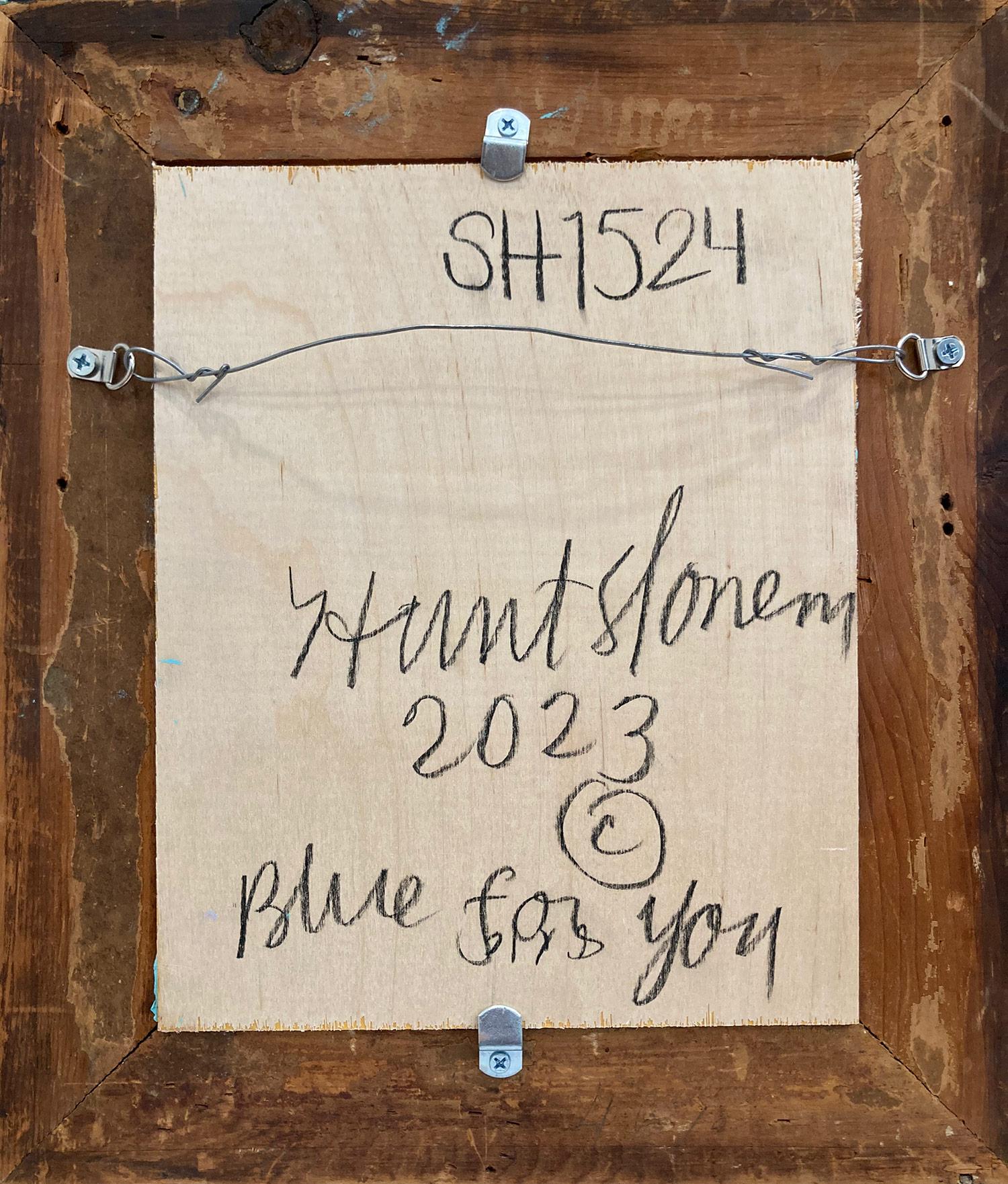 „Blue For You“ Schwarzes Ölgemälde mit schwarzem Umriss und Bunny auf Türkis, Ölgemälde in viktorianischem Rahmen im Angebot 7
