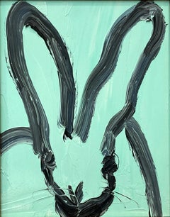 "Aqua" Black Outline Bunny on Aqua Blue Oil Painting on Wood Panel Framed
