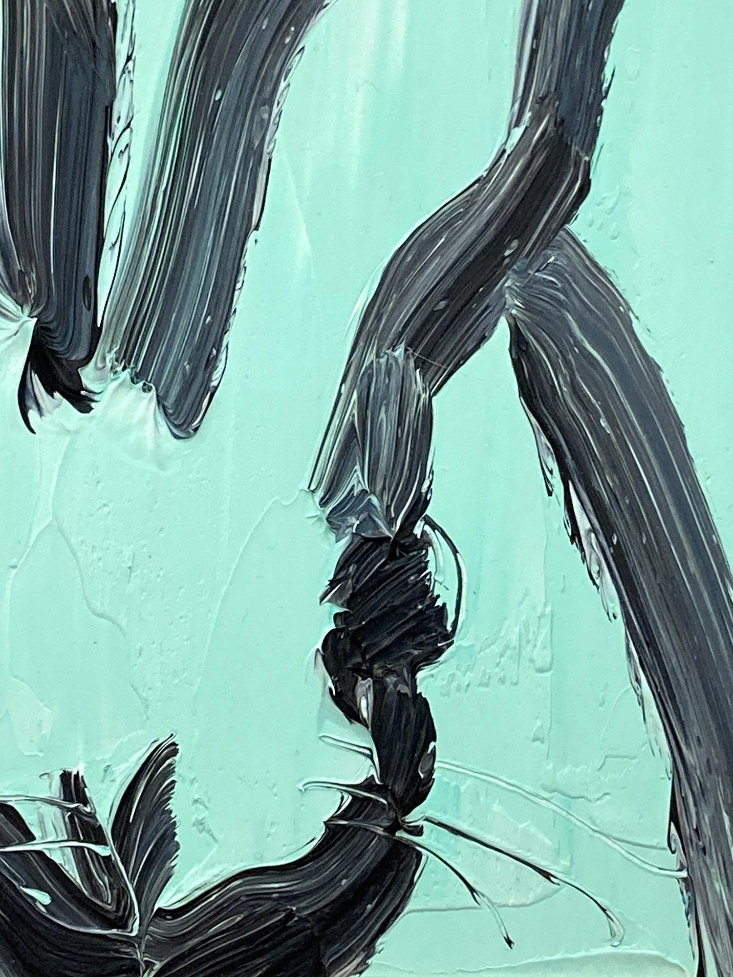 A wonderful composition of one of Slonem's most iconic subjects, Bunnies. This piece depicts a gestural figure of a black bunny on an Aqua blue background with thick use of paint. It is housed in a wonderful gold tone wood frame. Inspired by nature