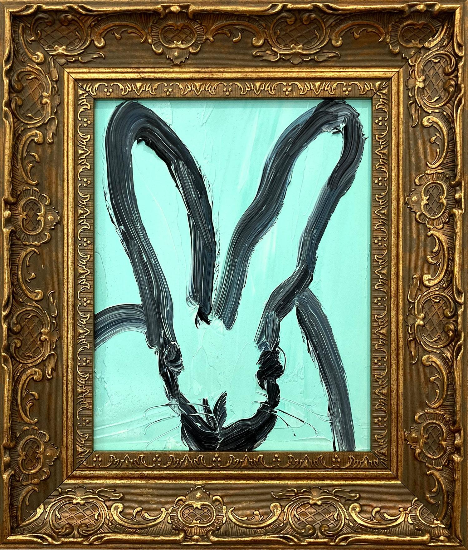 Hunt Slonem Animal Painting - "Aqua" Black Outline Bunny on Aqua Blue Oil Painting on Wood Panel Framed