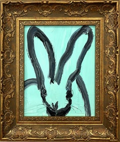 "Aqua" Conejito de contorno negro sobre azul aguamarina Pintura al óleo sobre panel de madera Enmarcada