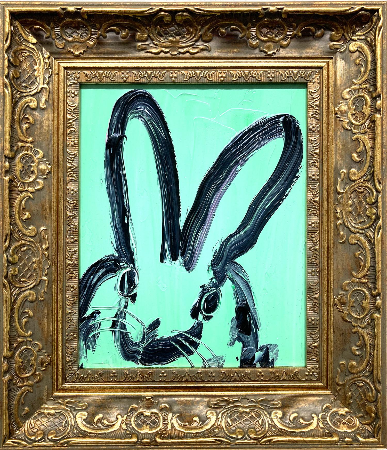 "Aquamarine" Black Outline Bunny on Aqua Blue Oil Painting on Wood Panel