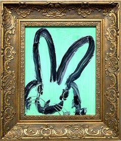 "Aquamarine" Black Outline Bunny on Aqua Blue Oil Painting on Wood Panel