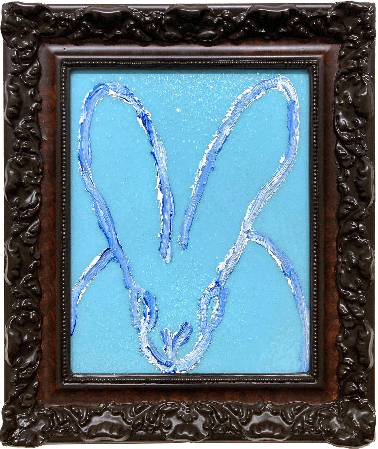 „Aquamarine“ Weißes Outline Bunny auf Aquablau Ölgemälde & Diamantstaub, weißes Ölgemälde