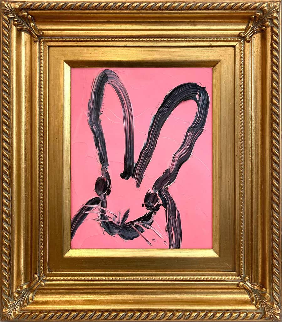 "Australia" Black Outline Bunny on Soft Pink Background Oil Painting Gold Framed