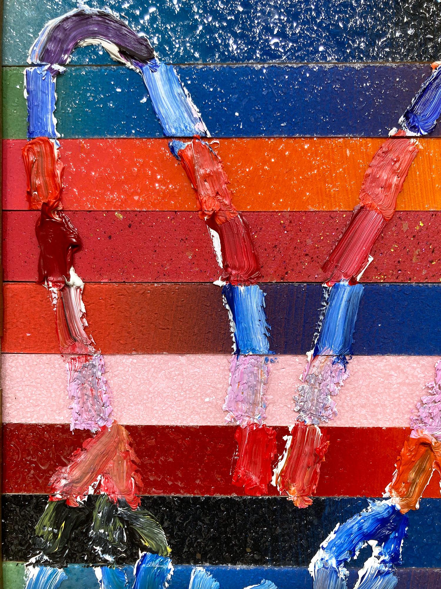 Peinture à l'huile « Banded » sur fond de poussière de diamants à rayures colorées encadrée - Noir Animal Painting par Hunt Slonem