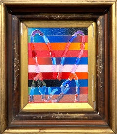 Conejito "En bandas" sobre fondo de polvo de diamantes a rayas de colores Pintura al óleo Enmarcada