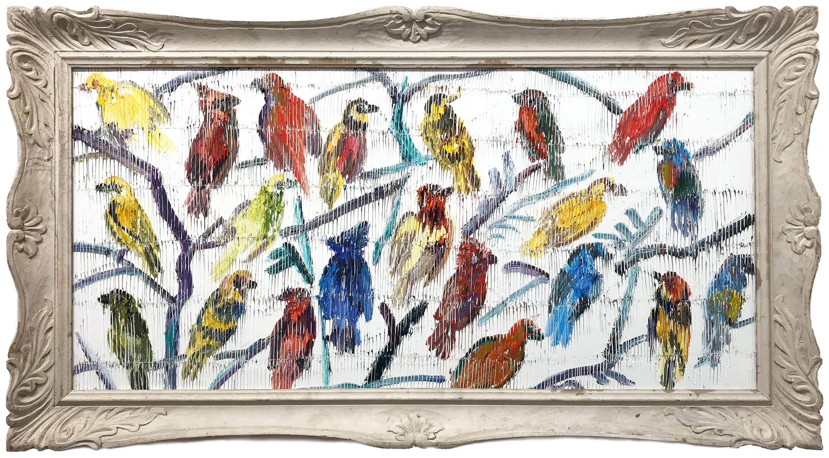 Hunt Slonem Animal Painting - "Barbets To Come" Multicolored Birds with White Background Oil Painting on Wood