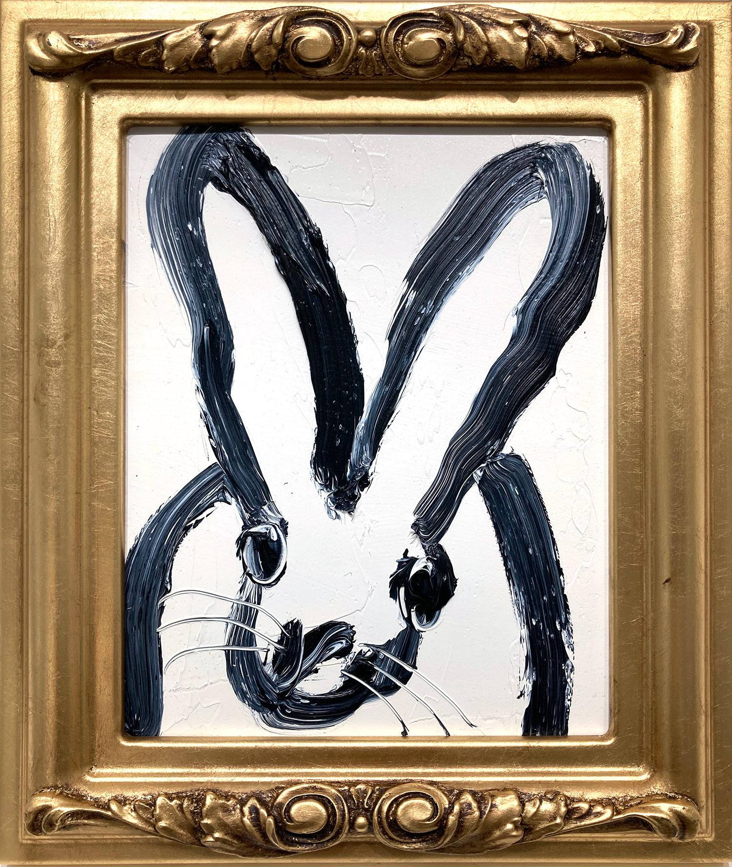 „Barnaby“ Schwarzer Hase auf weißem Hintergrund, Ölgemälde auf Holzplatte, gerahmt