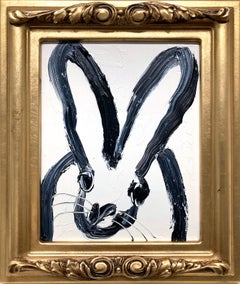 "Barnaby" Black Bunny on White Background Oil Painting on Wood Panel Framed