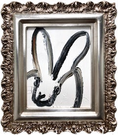 "Barry" Black Bunny on White Background Oil Painting on Wood Panel Framed