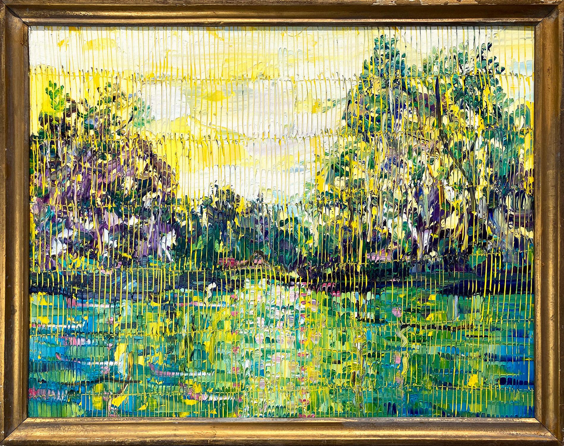 Hunt Slonem Abstract Painting - "Bayou Blue" Blue Yellow & Green toned Landscape Contemporary Oil Painting 