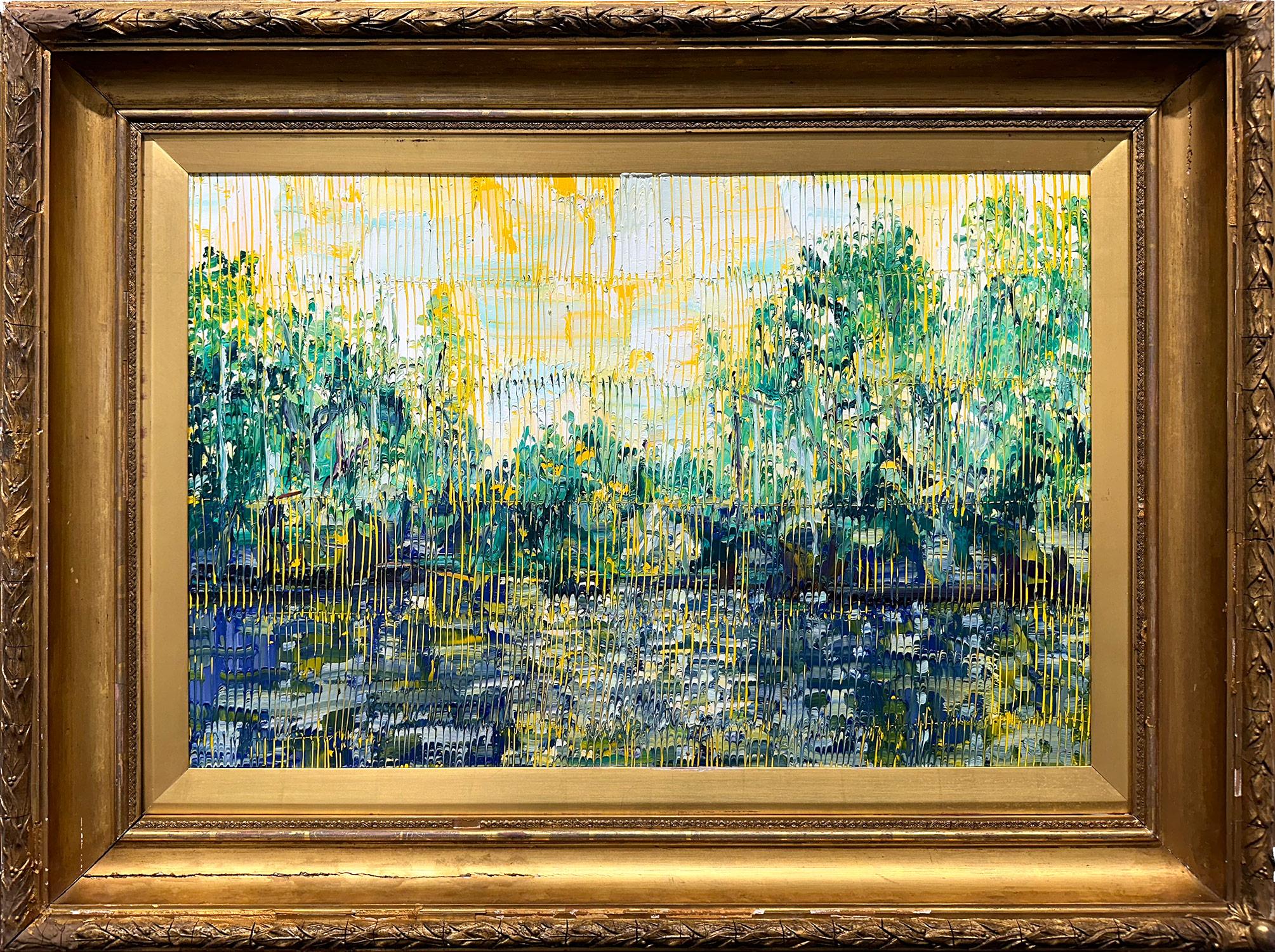 Hunt Slonem Abstract Painting - "Bayou Casino" Blue Yellow & Green toned Landscape Contemporary Oil Painting
