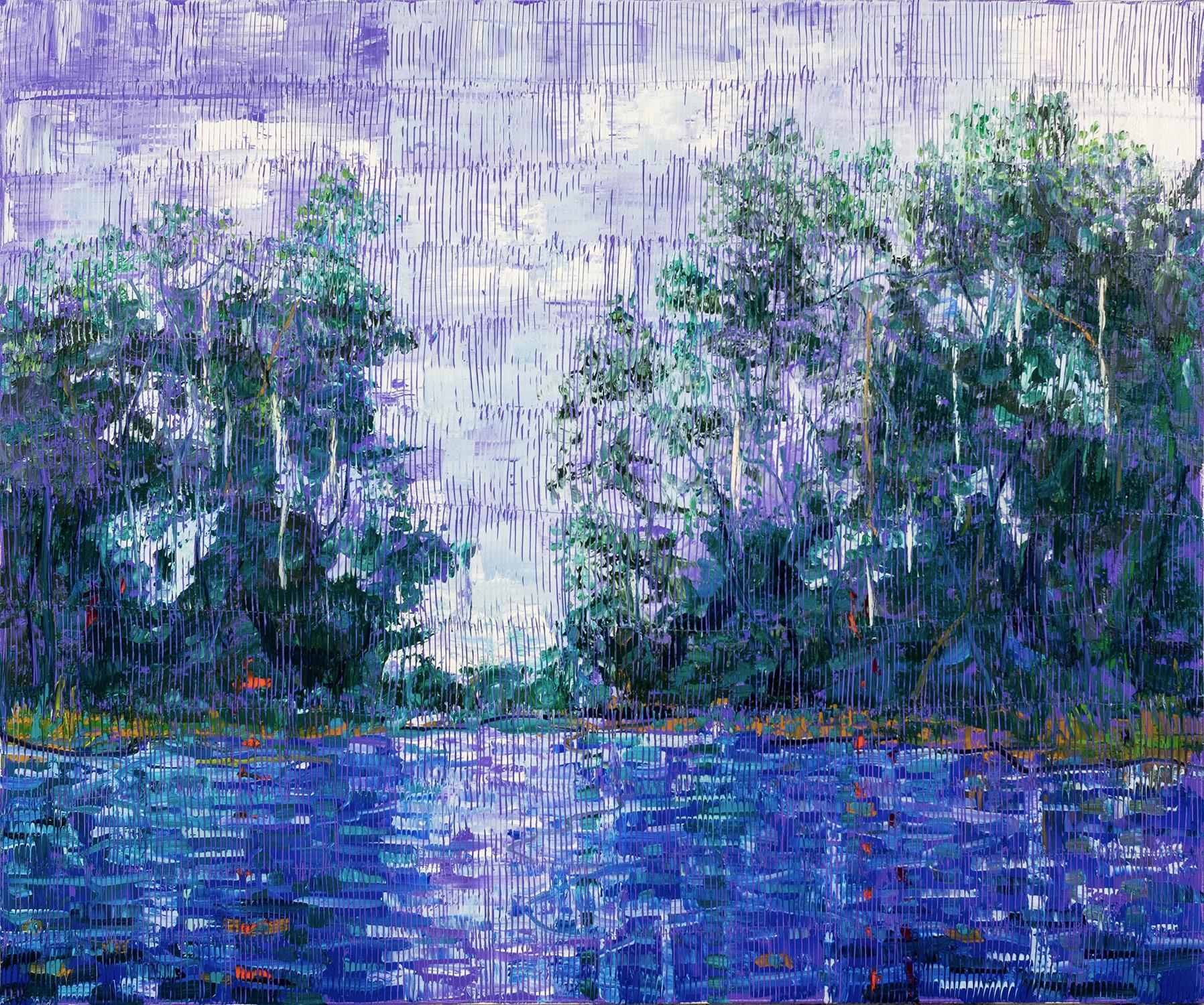 Hunt Slonem Abstract Painting – "Bayou La Fouche" Blaue, lila und grüne Töne Landschaft Contemporary Ölgemälde