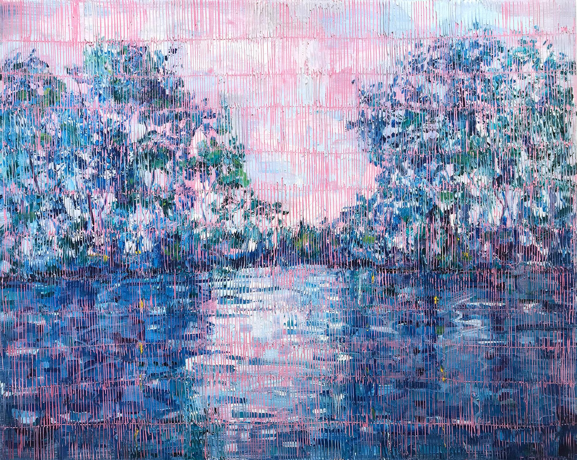 Hunt Slonem Abstract Painting - "Bayou Teche" Blue, Pink and Silver toned Landscape Contemporary Oil Painting