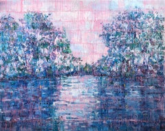 "Bayou Teche" Blau, Rosa und Silber getönte Landschaft Zeitgenössisches Ölgemälde