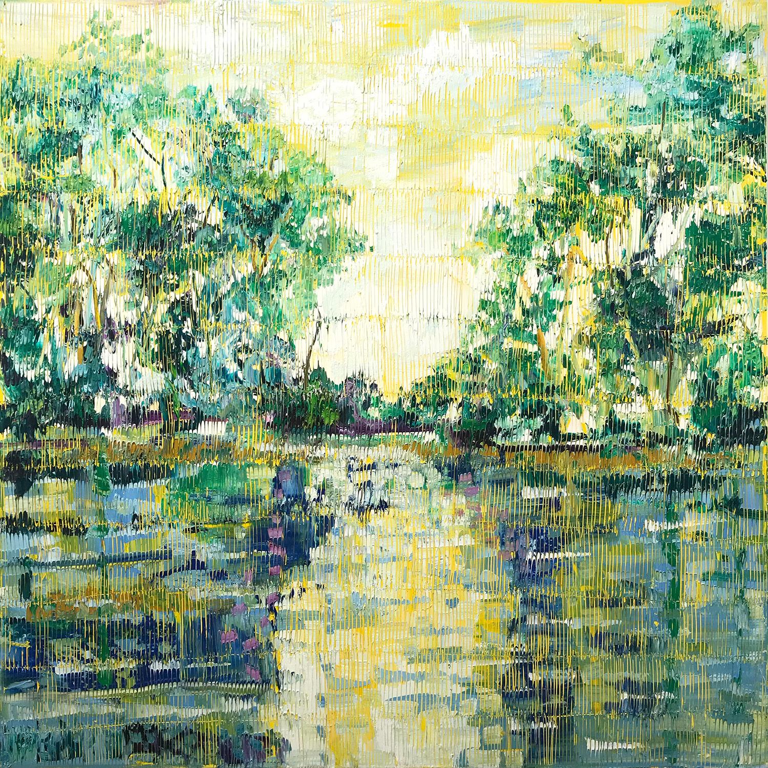 Hunt Slonem Landscape Art - "Bayou Teche" Green, Yellow and Blue toned Landscape Contemporary Oil Painting