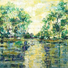 "Bayou Teche" Green, Yellow and Blue toned Landscape Contemporary Oil Painting