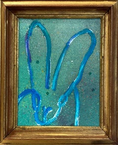 "Beach" Light Blue Outline Bunny on Turquoise Resin Background Oil Painting