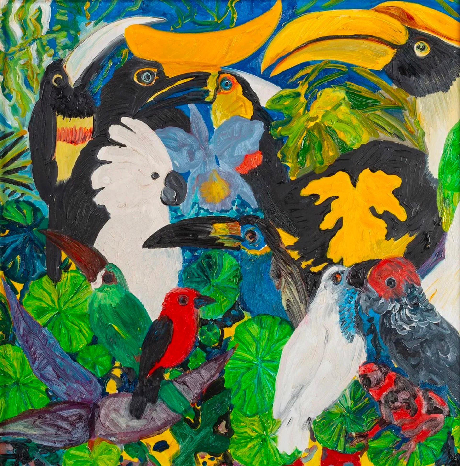 Bellbird (Diptychon), 1988 – Paar (Grau), Animal Painting, von Hunt Slonem