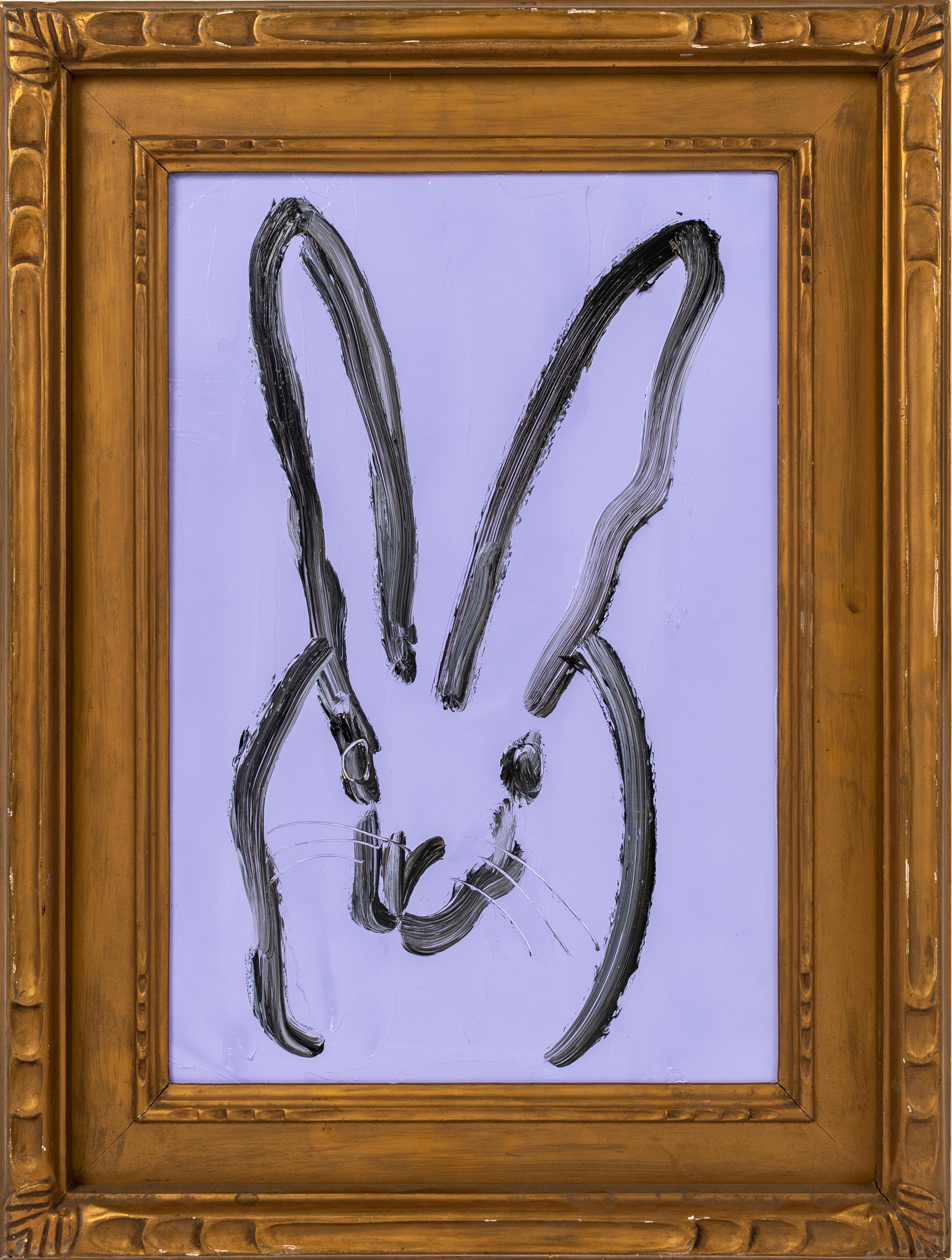 Painting dimensions: 18 x 12 inches
Framed dimensions: 24 x 18 inches
This framed, lavender, solo gestural bunny by renowned and prolific Neo-Expressionist Hunt Slonem is framed in one of Hunt's signature vintage frames. 
New York painter, Hunt