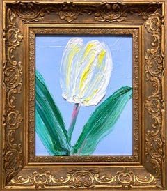 "Belle Terre" Yellow Tulip on Sky Blue Background Oil Painting Wood Panel Framed