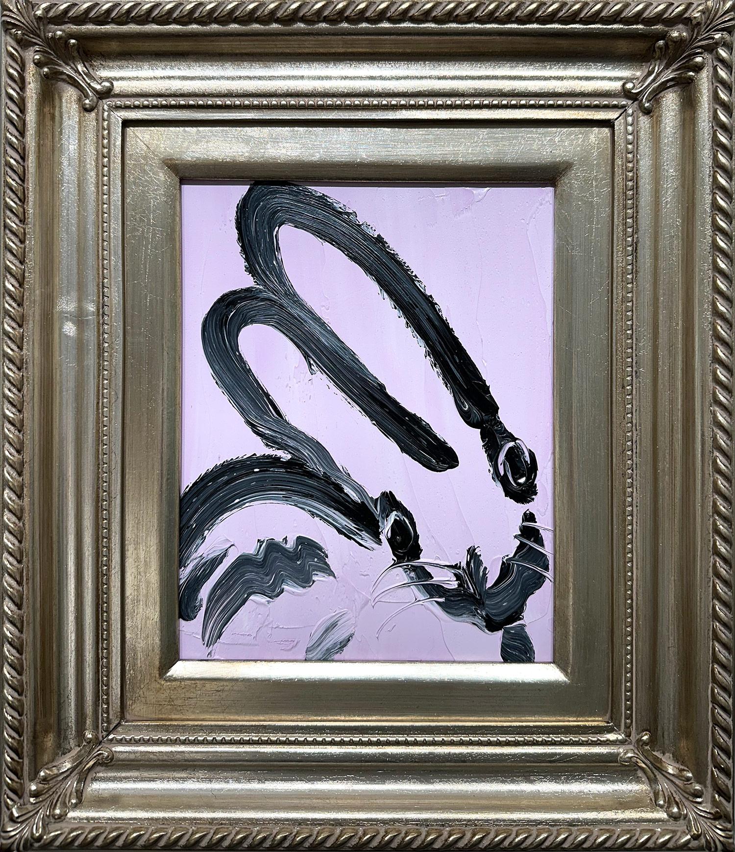 Abstract Painting de Hunt Slonem - "Benson" Conejito Negro sobre Fondo Lavanda Claro Pintura al Óleo sobre Panel de Madera