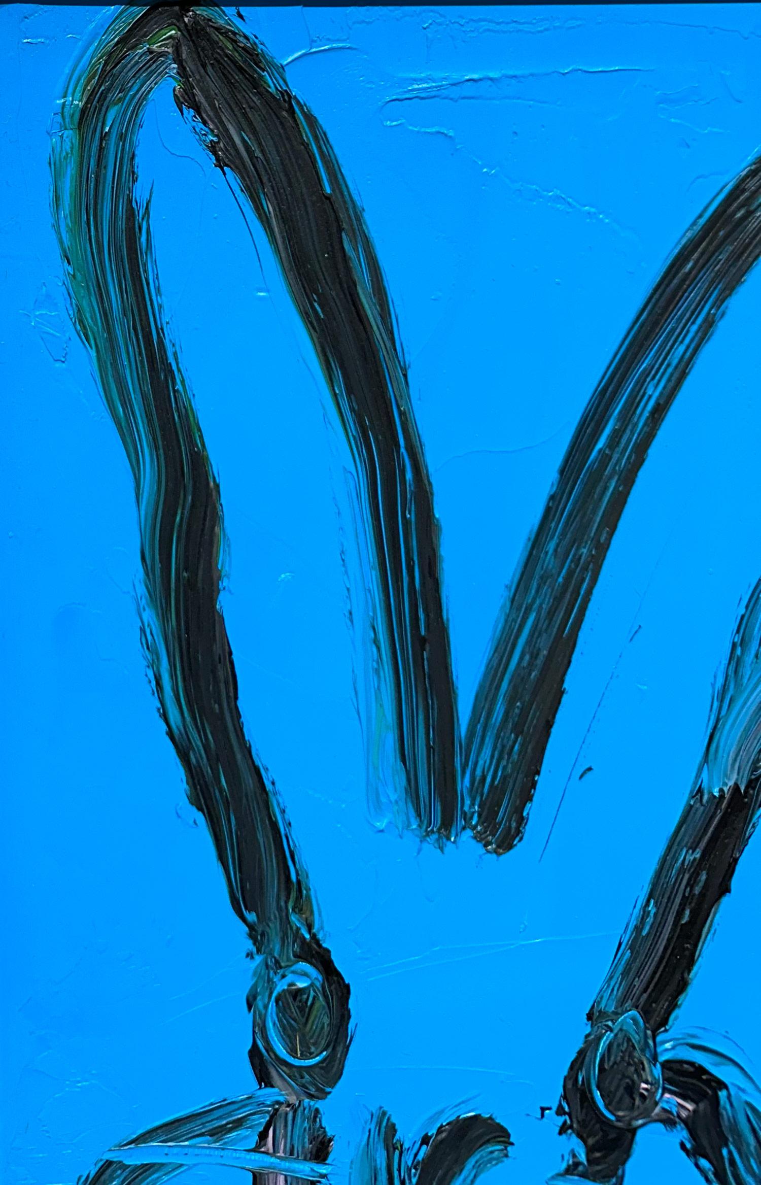 „Billy“ Schwarzer Hase auf französischem blauem Hintergrund, Ölgemälde auf Holz, gerahmt  im Angebot 1