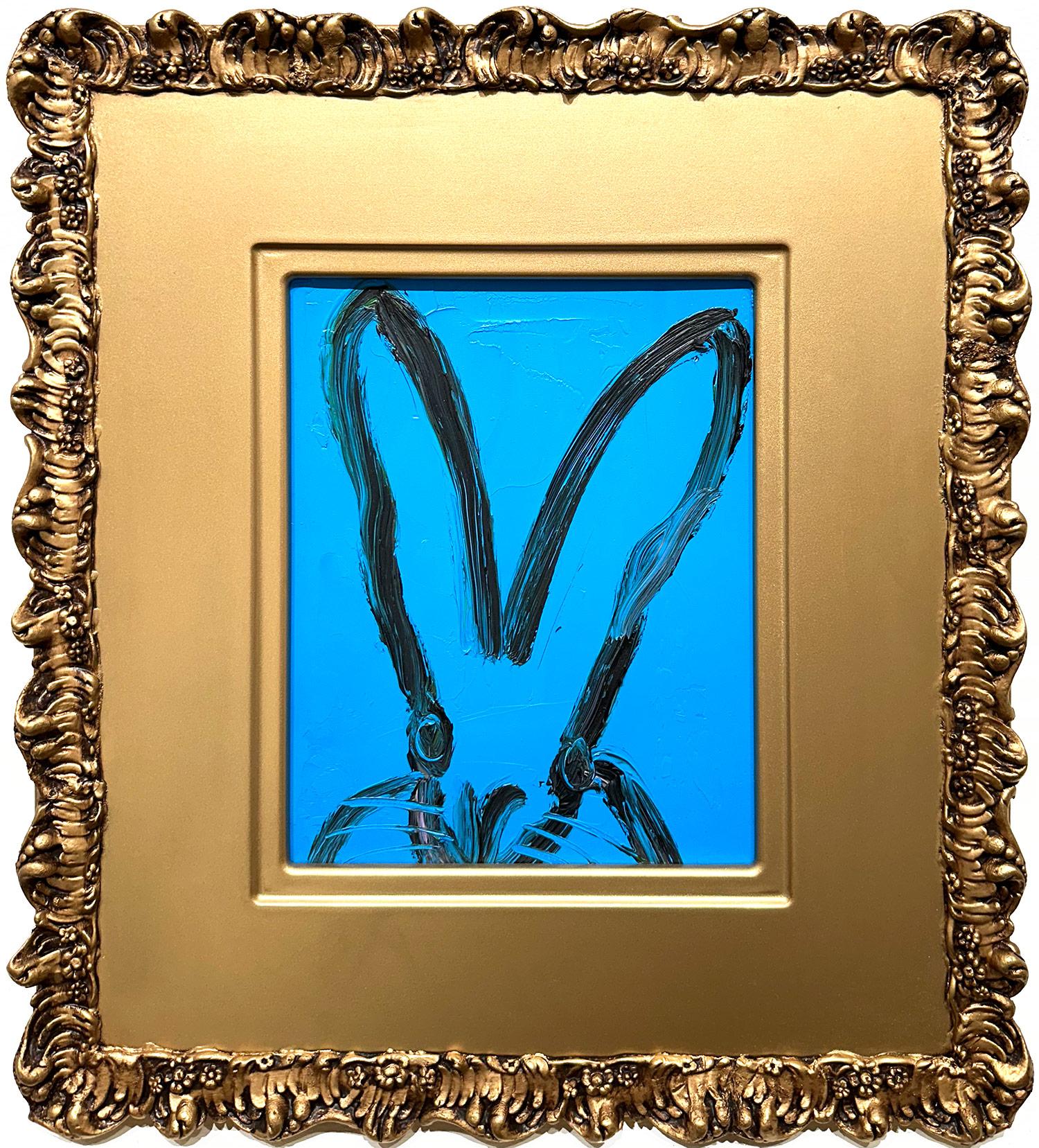 Hunt Slonem Animal Painting - "Billy" Black Bunny on French Blue Background Oil Painting on Wood Framed 