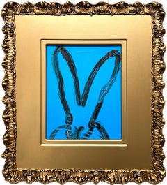 Used "Billy" Black Bunny on French Blue Background Oil Painting on Wood Framed 