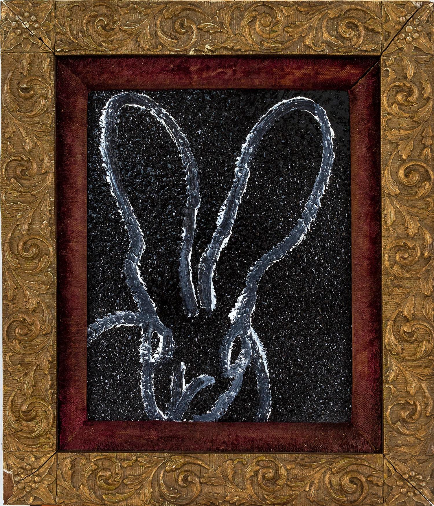 Hunt Slonem Abstract Painting - "Black Diamond" (Bunny on Black Diamond Dust) Oil Painting on Wood Panel