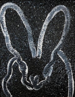 "Diamante nero" Contorno bianco coniglietto Sfondo polvere di diamante Pittura a olio con cornice