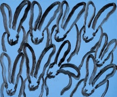 Peinture à l'huile de lapins bleus et noirs dans un cadre vintage orné